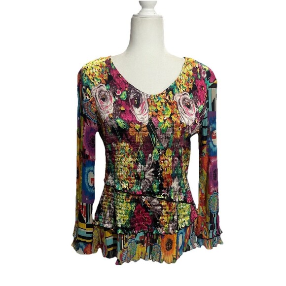 Patchington Vintage Size Large Y2K Abstract Art V-Neck Stretch Blouse Tiered - Picture 1 of 5